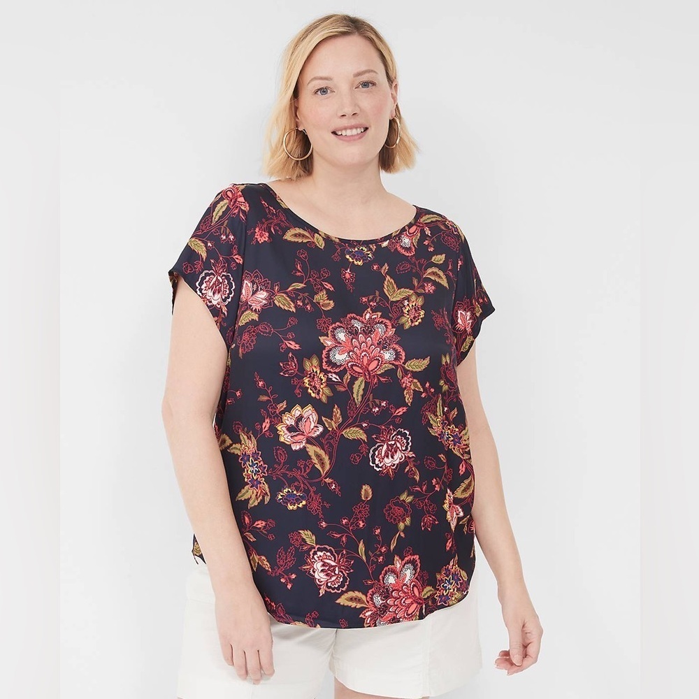 Lane Bryant Women’s Crew Neck Satin & Knit Top Size 22/24 Blue Pink Floral 22 24